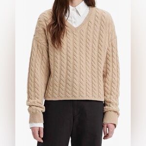 LEVI’S WOMENS RAE CABLE KNIT V NECK CROPPED WOOL SWEATER BEIGE SZ L NWT